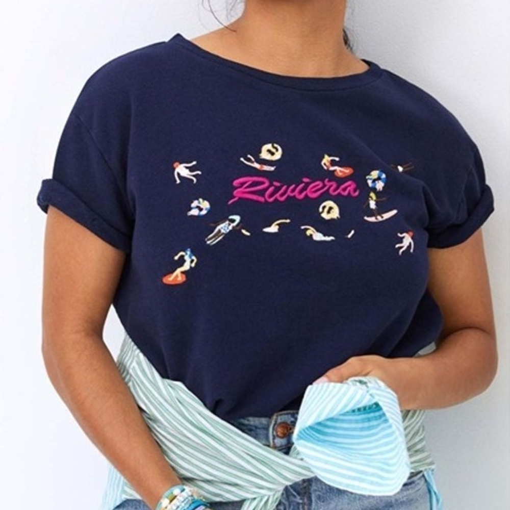 Maeve by Anthropologie Navy Riviera Embroidered Short Sleeve Cotton Shirt Medium